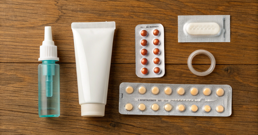 Diferentes tipos de tratamento de reposição hormonal, como comprimidos, adesivos e gel, dispostos sobre uma mesa.
