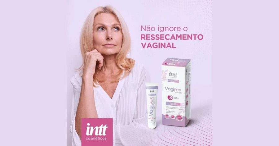 ulher com semblante reflexivo ao lado da embalagem de Vagisex Gel, com a frase "Não ignore o ressecamento vaginal", representando o alívio e a hidratação para a saúde íntima.